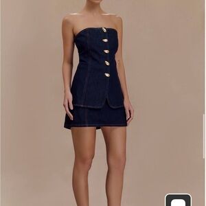 Meshki Strapless Dark Denim Mini Dress with Gold Buttons